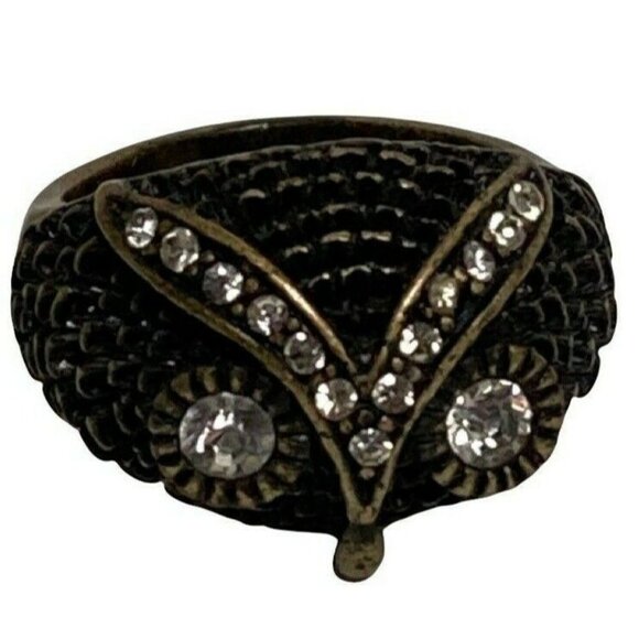 Lucky You Owl Ring Size 7 Brass Tone Rhinestones Sparkly Wise - Picture 8 of 8